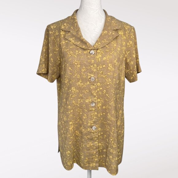 Vintage 90's Shirt Sleeve Button Down Shirt Cottagecore Yellow Floral Large - Picture 1 of 8